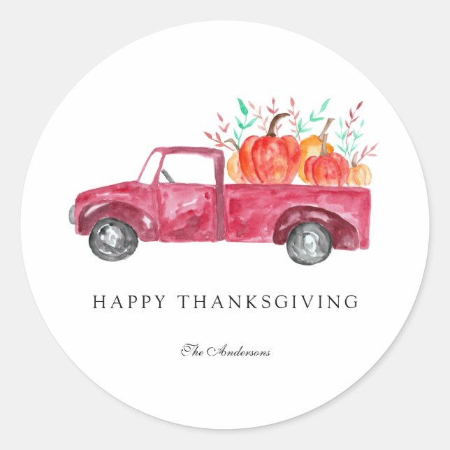 Happy Thanksgiving Pumpkin Harvest Red Truck Fall  Classic Round Sticker (Front)