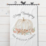 Happy Thanksgiving Pumpkin Kitchen Towel<br><div class="desc">This Happy Thanksgiving kitchen towel features a rustic watercolor white pumpkin and fall foliage with stylish script typography.
Easily customizable.
Makes a great Thanksgiving hostess gift.
Original Watercolor © Michele Davies.</div>