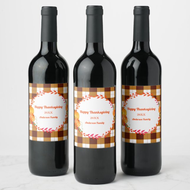 Happy Thanksgiving Pumpkin Plaid Brown White Wine Label (Bottles)