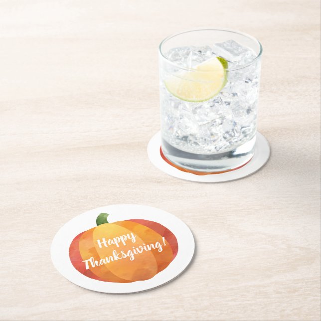 Happy Thanksgiving Pumpkin Watercolor Round Paper Coaster (Insitu)
