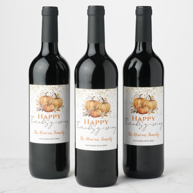 Happy Thanksgiving Pumpkin Wine Label (Bottles)