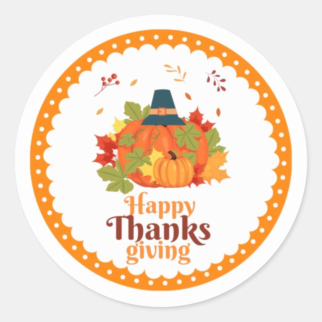 Happy Thanksgiving Pumpkin with Hats  and Leaves  Classic Round Sticker (Front)