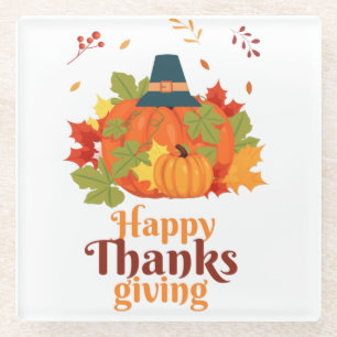 Happy Thanksgiving Pumpkin with Hats  and Leaves  Glass Coaster