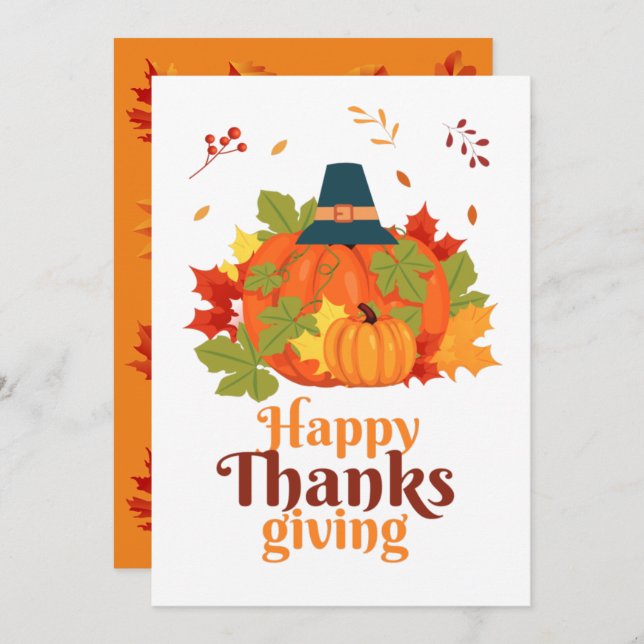 Happy Thanksgiving Pumpkin with Hats and Leaves   Invitation (Front/Back)