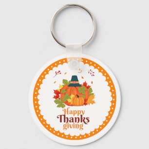 Happy Thanksgiving Pumpkin with Hats and Leaves Keychain