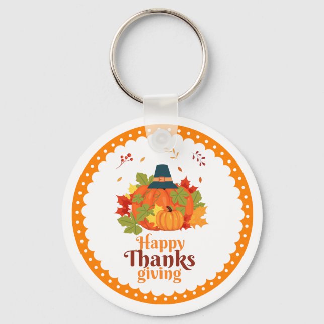 Happy Thanksgiving Pumpkin with Hats  and Leaves  Keychain (Front)