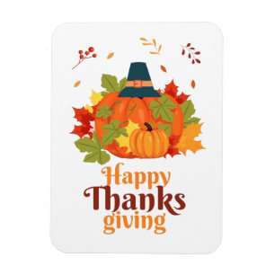 Happy Thanksgiving Pumpkin with Hats and Leaves Magnet