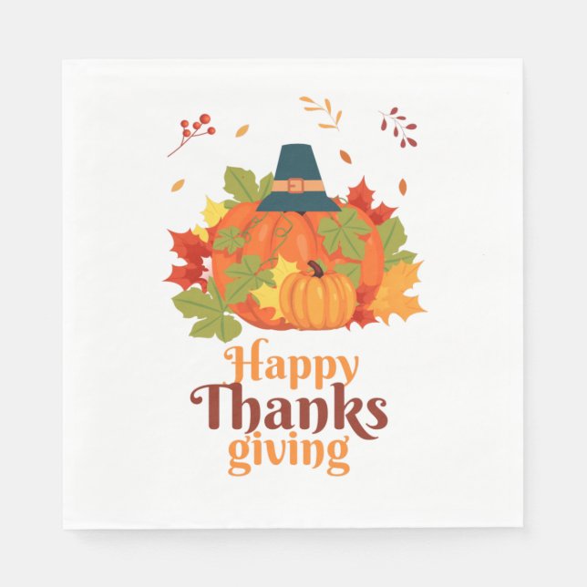 Happy Thanksgiving Pumpkin with Hats  and Leaves  Napkin (Front)
