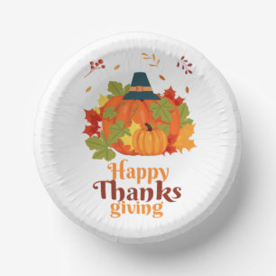 Happy Thanksgiving Pumpkin with Hats  and Leaves Paper Plate