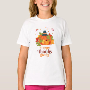 Happy Thanksgiving Pumpkin with Hats  and Leaves T-Shirt
