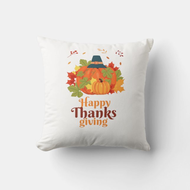 Happy Thanksgiving Pumpkin with Hats  and Leaves  Throw Pillow (Front)