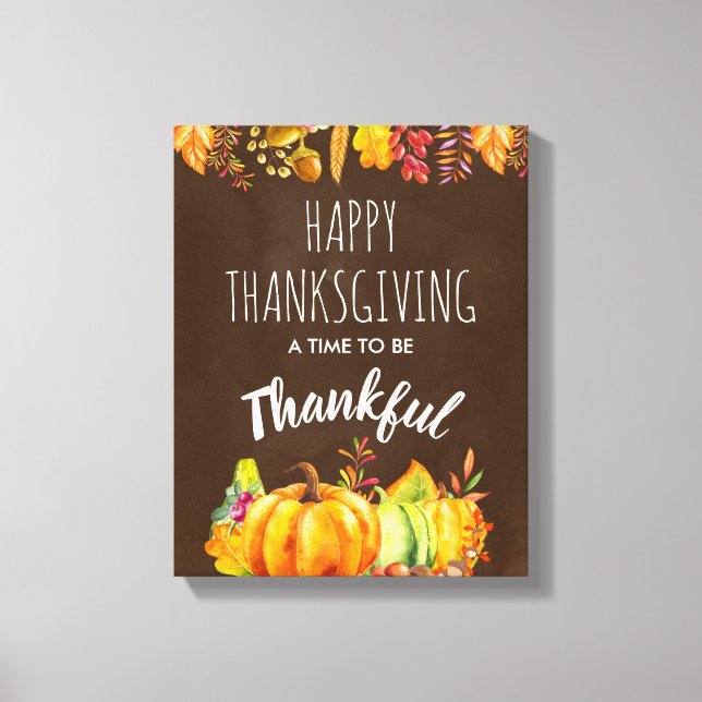 Happy Thanksgiving Pumpkins and Autumn Foliage Canvas Print (Front)