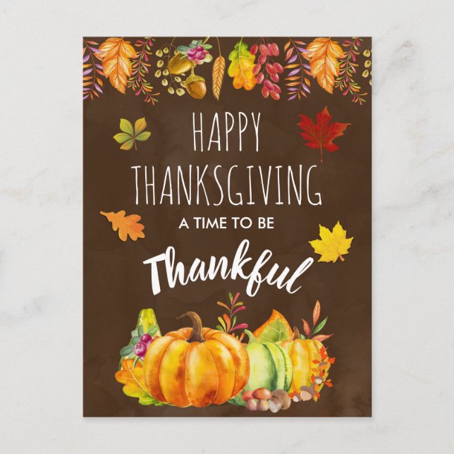 Happy Thanksgiving Pumpkins and Autumn Foliage Holiday Postcard (Front)