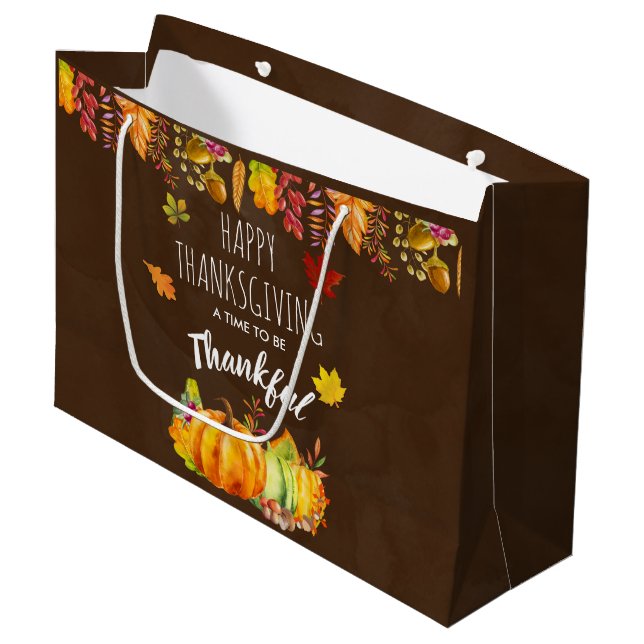Happy Thanksgiving Pumpkins and Autumn Foliage Large Gift Bag (Front Angled)