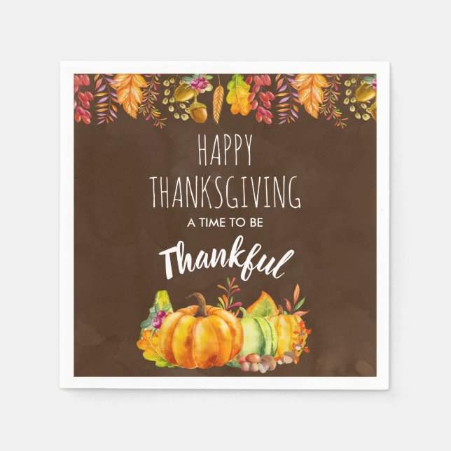 Happy Thanksgiving Pumpkins and Autumn Foliage Napkin (Front)
