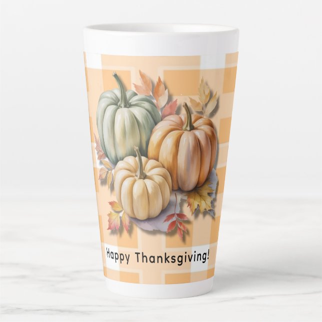 Happy Thanksgiving Pumpkins & Autumn Leaves Latte Mug (Front)