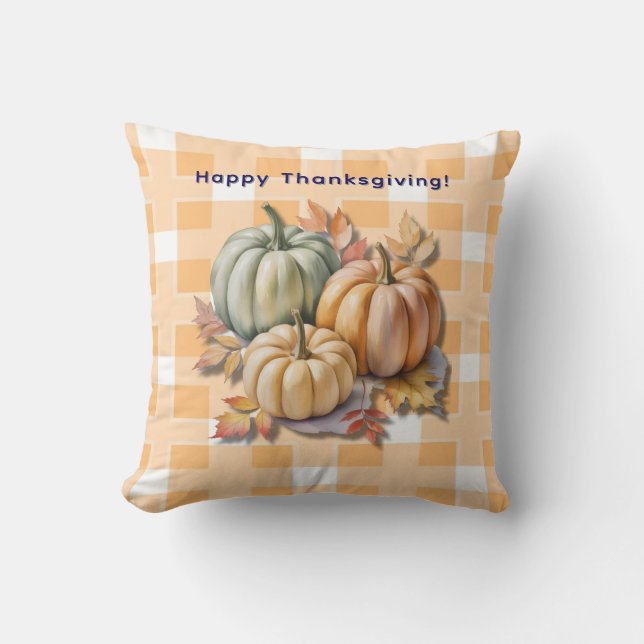 Happy Thanksgiving Pumpkins & Autumn Leaves Throw Pillow (Front)