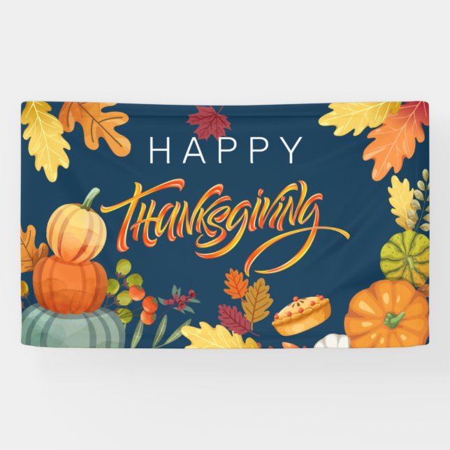 Happy Thanksgiving Pumpkins, Berries and Leaves  Banner (Horizontal)