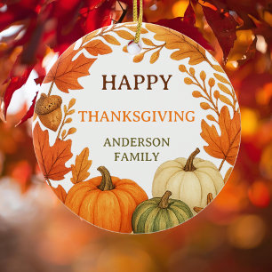 Happy Thanksgiving pumpkins fall foliage Ceramic Ornament