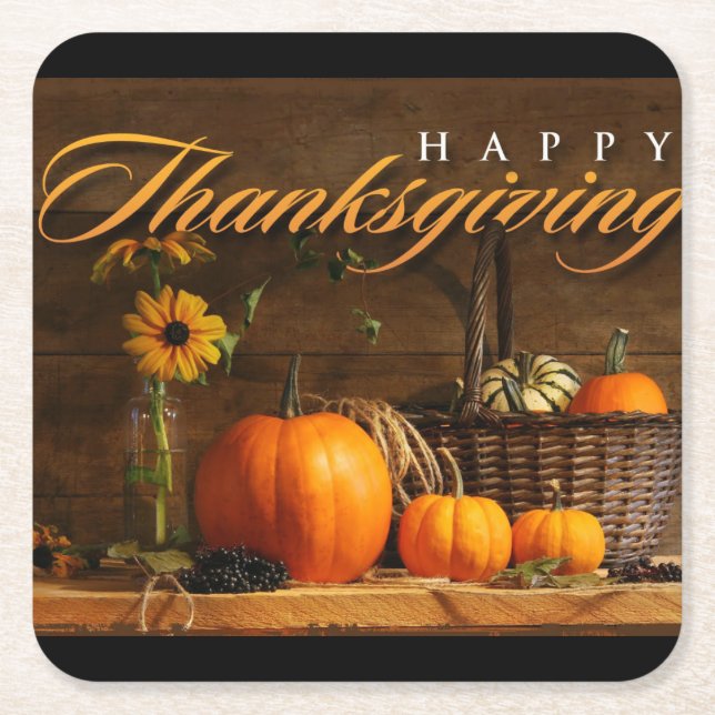 Happy Thanksgiving Pumpkins Floral Square Paper Coaster (Front)
