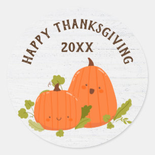 Happy Thanksgiving Pumpkins On Wood Classic Round Sticker
