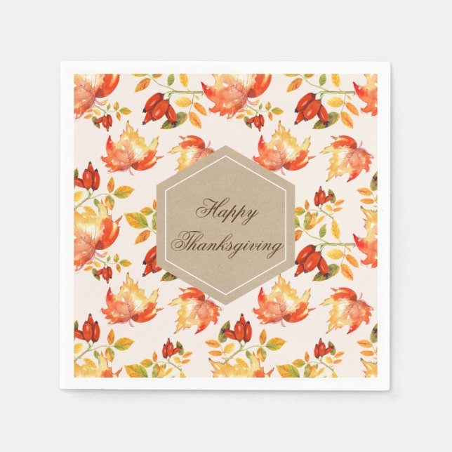 Happy Thanksgiving Quote Label Orange Fall Leaves Napkin (Front)
