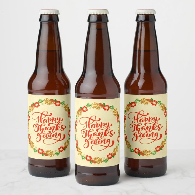 Happy Thanksgiving Red Gold Wreath Beer Bottle Label (Bottles)