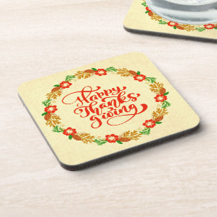 Happy Thanksgiving Red Gold Wreath Hard Coaster