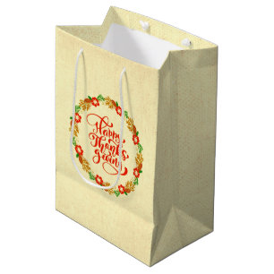 Happy Thanksgiving Red Gold Wreath Medium Gift Bag