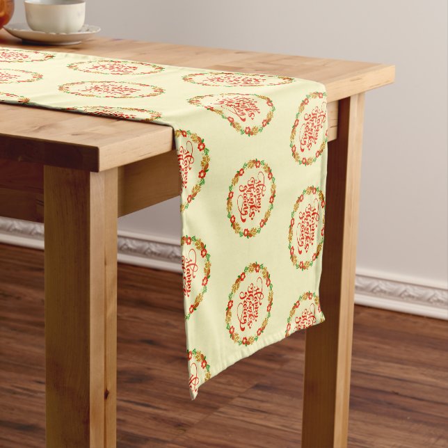 Happy Thanksgiving Red Gold Wreath Medium Table Runner (In Situ)