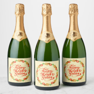 Happy Thanksgiving Red Gold Wreath Sparkling Wine Label