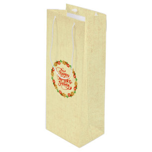 Happy Thanksgiving Red Gold Wreath Wine Gift Bag