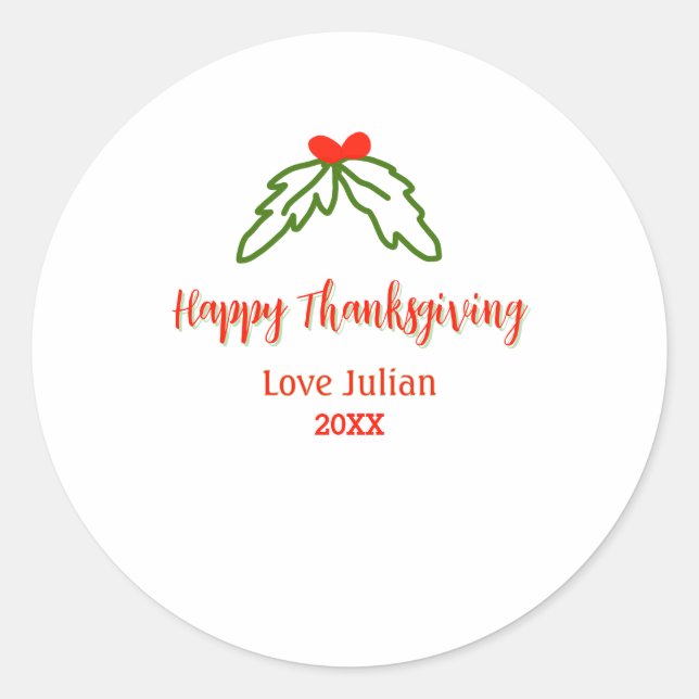 Happy Thanksgiving red green leaves cherry name ye Classic Round Sticker (Front)