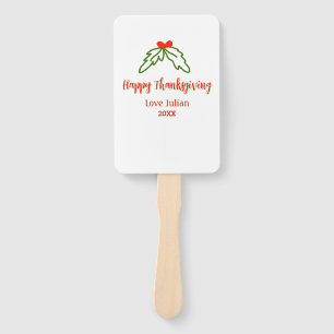 Happy Thanksgiving red green leaves cherry name ye Hand Fan