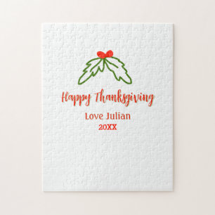 Happy Thanksgiving red green leaves cherry name ye Jigsaw Puzzle