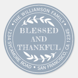 Happy Thanksgiving Return Address Dusty Blue Classic Round Sticker