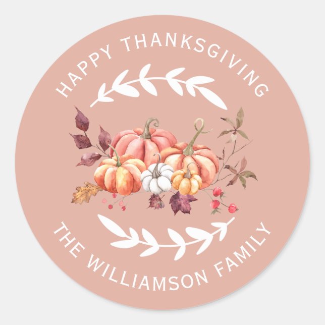 Happy Thanksgiving Return Address Dusty Pink Classic Round Sticker (Front)