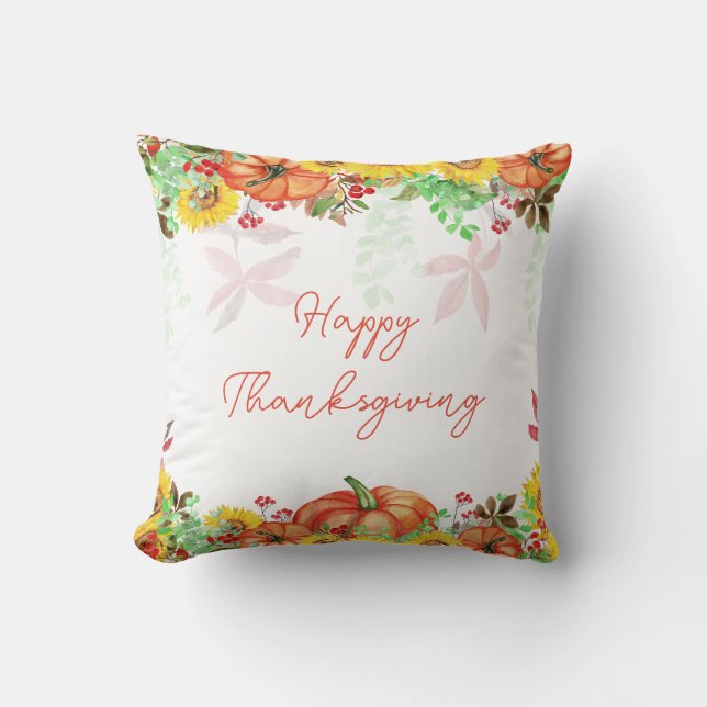 Happy Thanksgiving Rustic Floral Pumpkin Throw Pillow (Front)