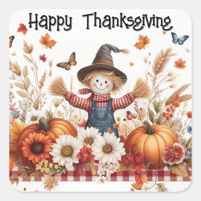 Happy Thanksgiving Scarecrow Square Sticker (Front)