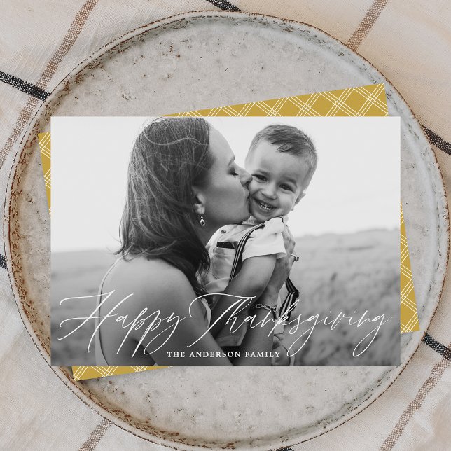 Happy Thanksgiving Script Gold Plaid Photo Holiday Card (Creator Uploaded)