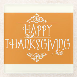 Happy Thanksgiving Script Orange Glass Coaster