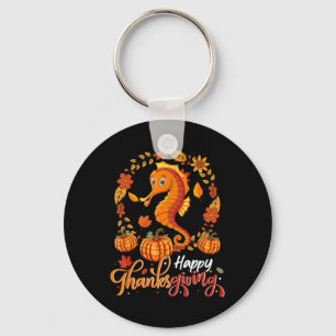 Happy Thanksgiving Seahorse In Leaves Pumpkins Flo Keychain