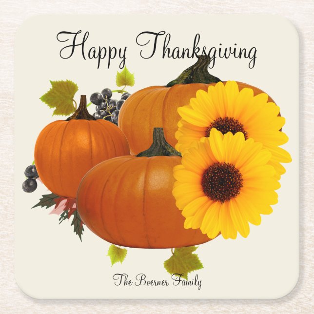 Happy Thanksgiving Square Drink Coasters Ecru (Front)
