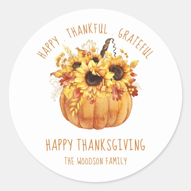 Happy Thanksgiving Sunflowers Pumpkin Classic Round Sticker (Front)