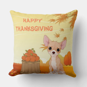 Happy Thanksgiving Tan Chihuahua Throw Pillow