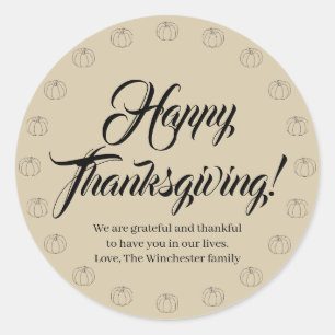 Happy Thanksgiving tan pumpkins custom script cute Classic Round Sticker