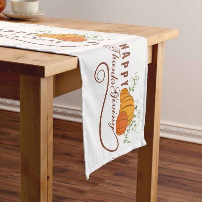 Happy Thanksgiving Text With Orange Pumpkins Medium Table Runner (In Situ)