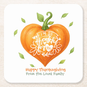 Happy Thanksgiving Thankful Heart Pumpkin Square Paper Coaster