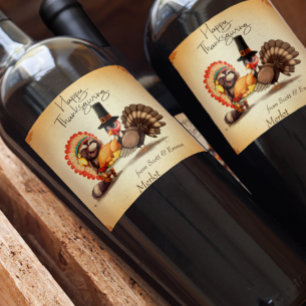 Happy Thanksgiving Turkey Animals Gift Wine Label