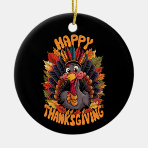 Happy Thanksgiving Turkey Family Fall Ceramic Ornament
